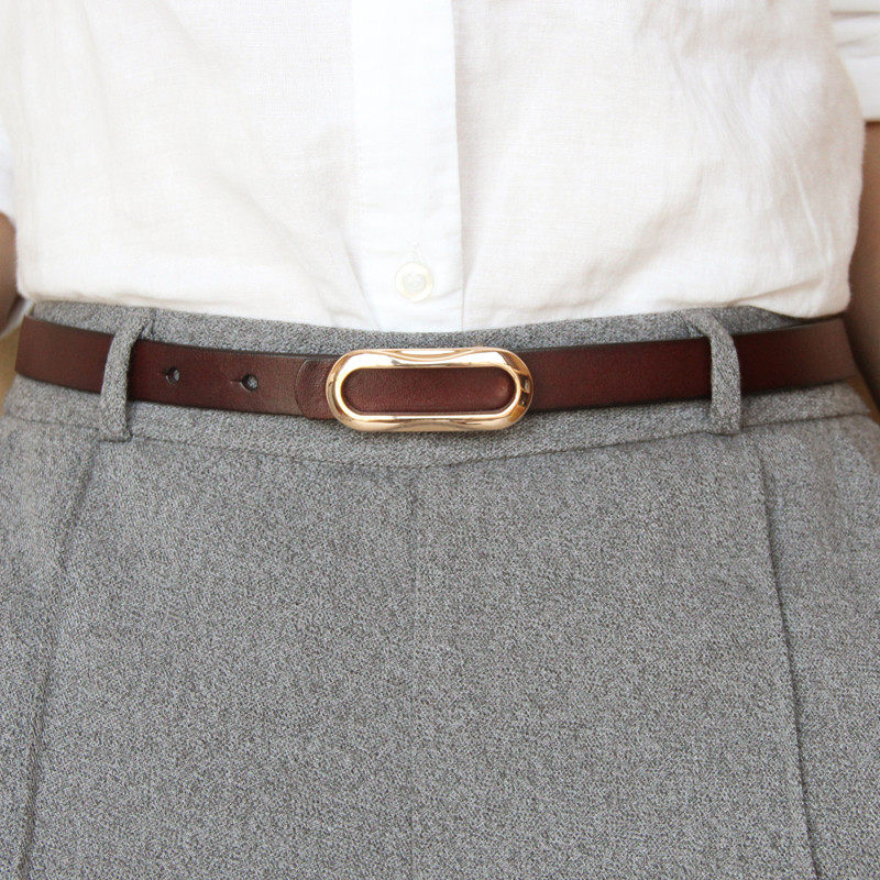 牛皮简约百搭黑色平滑扣细真皮腰带 龙之初腰带/皮带/腰链