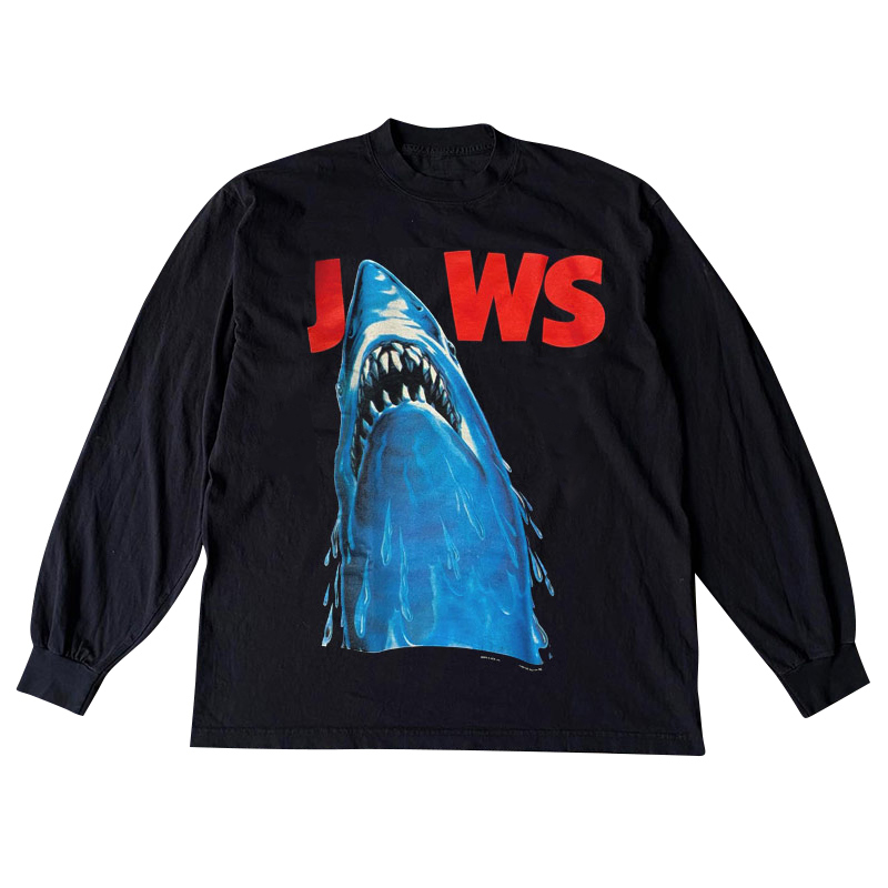 JAWS大白鲨高街宽松vintage复古长袖T恤男女纯棉慵懒风圆领打底衫 - 图3