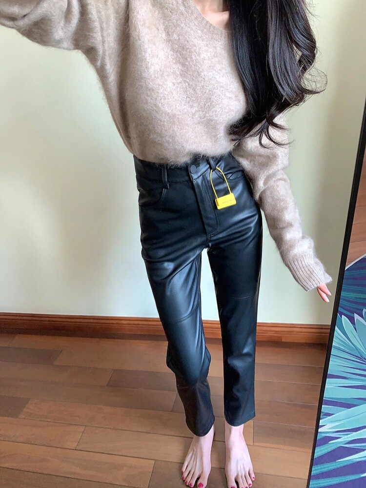 2025春季新款绵羊皮皮裤真皮皮裤女窄版阔腿裤复古高腰松垂九分裤