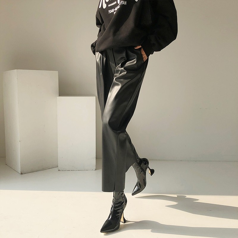 2025春季新款绵羊皮皮裤真皮皮裤女哈伦裤直筒小脚显瘦阔腿九分裤,淘宝优惠券,粉丝福利购,淘宝优惠卷