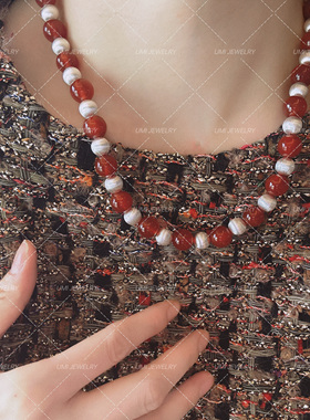 UMI家·轻珠宝/S925银镀k金·安可拉红复古红玛瑙拉丝球项链新年