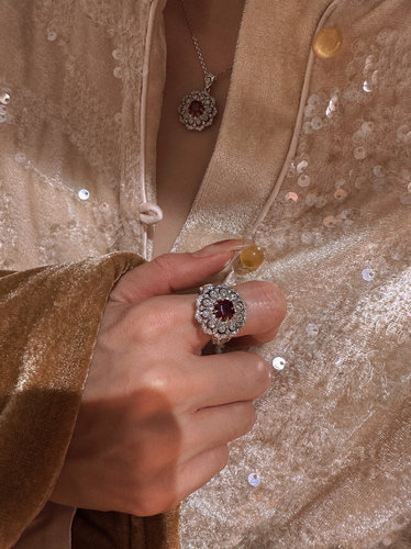 UMI家·轻珠宝/S925银镀真金鸽血红宝石戒指项链耳钉组合vintage - 图2