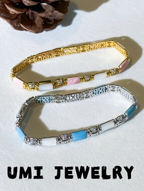 UMI【精灵】S925银镀k金·天然粉海螺绿松石卡扣手链小众设计轻奢