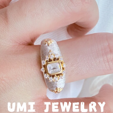 UMI家·轻珠宝/S925银镀k金·布锲拉提复古拉丝方钻芒星戒指轻奢