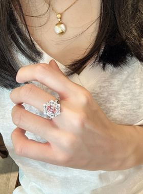 UMI家·轻珠宝/S925银镀金·人工培育粉蓝宝钻繁花耳钉戒指套组
