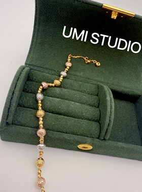 UMI家·轻珠宝/S925银镀k金·三色彩金灯笼球刻花金球手链复古