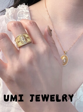 UMI家【女王】S925银镀k金·意大利拉丝镶钻宽版金色戒指轻奢小众