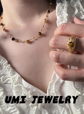 UMI家·S925银镀k金·天然虎眼间隔猫眼珠项链小众设计秋冬项链