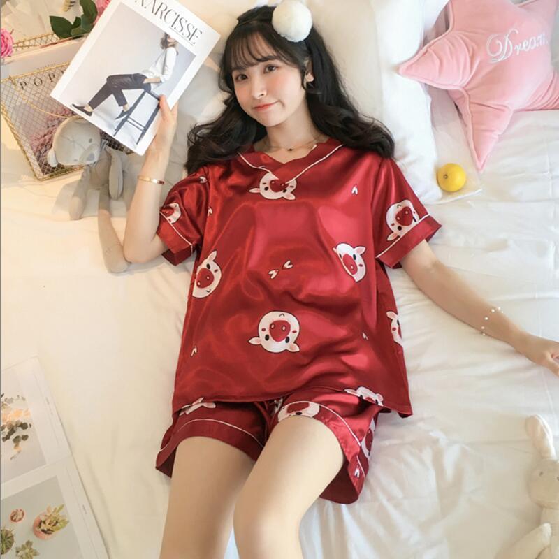 短袖睡衣女夏冰丝薄款甜美v领网红大码套头家居服可出门套装-第4张图片-提都小院