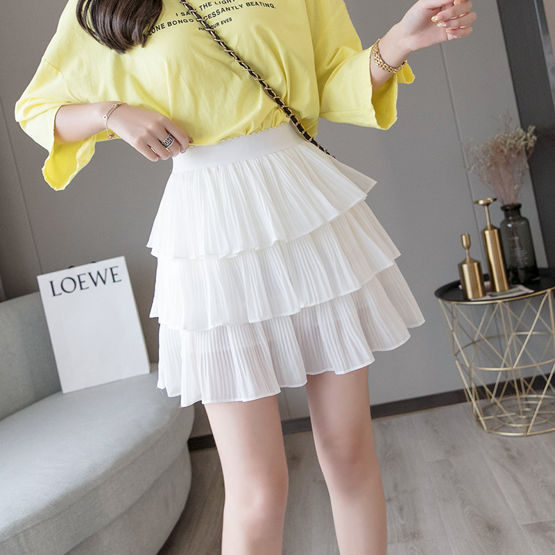 爱雅蜜旗舰店新款春季韩版百褶荷叶边雪纺半身裙A字高腰层层蛋糕短裙裤女1