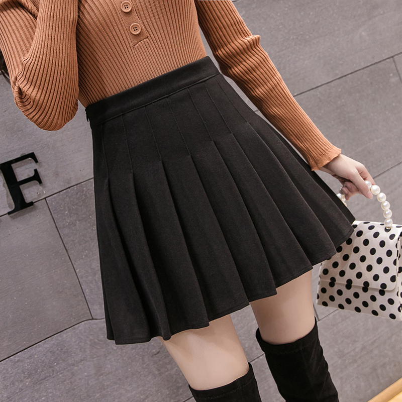 爱雅蜜旗舰店春季裙子半身裙新款毛呢高腰短裙百褶裙学院黑色大码a字裤裙3