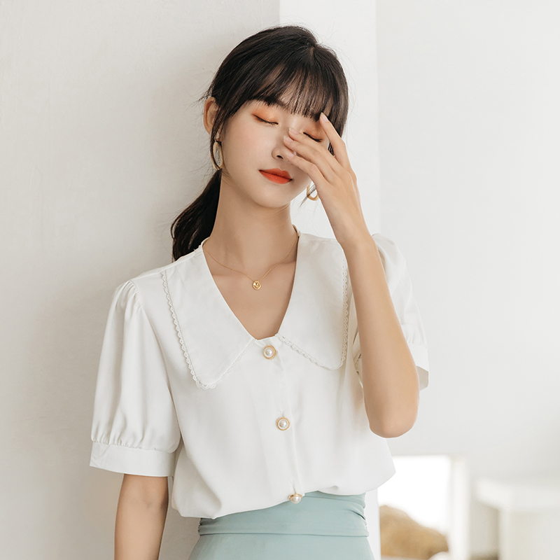 爱雅蜜旗舰店娃娃领雪纺白衬衫女短袖宽松夏季韩国新款双层不透职业ol上衣1
