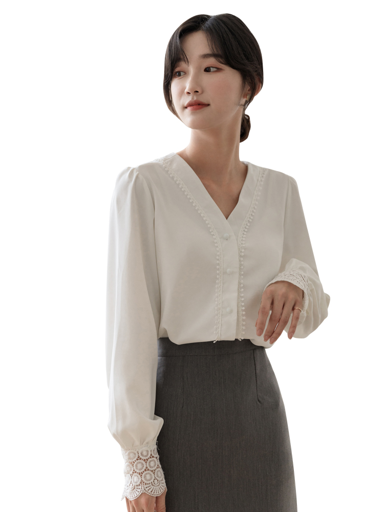 爱雅蜜旗舰店V领白色衬衫女长袖秋季新款气质职业上衣春秋蕾丝花边雪纺衫3