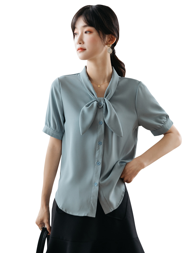 爱雅蜜旗舰店气质短袖领结雪纺衬衫女夏设计感小众温柔风蓝色上衣复古衬衫上衣3