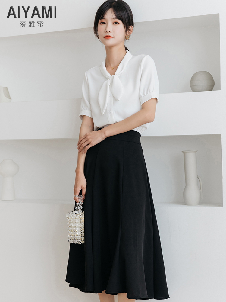 爱雅蜜旗舰店气质短袖领结雪纺衬衫女夏设计感小众温柔风蓝色上衣复古衬衫上衣2