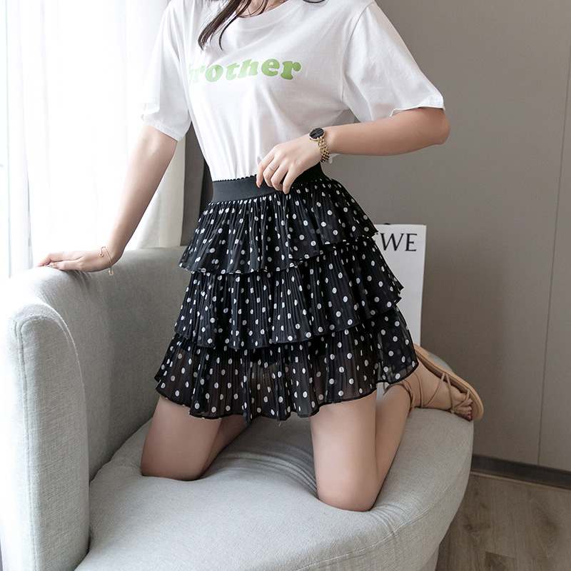 爱雅蜜旗舰店新款春季韩版百褶荷叶边雪纺半身裙A字高腰层层蛋糕短裙裤女0