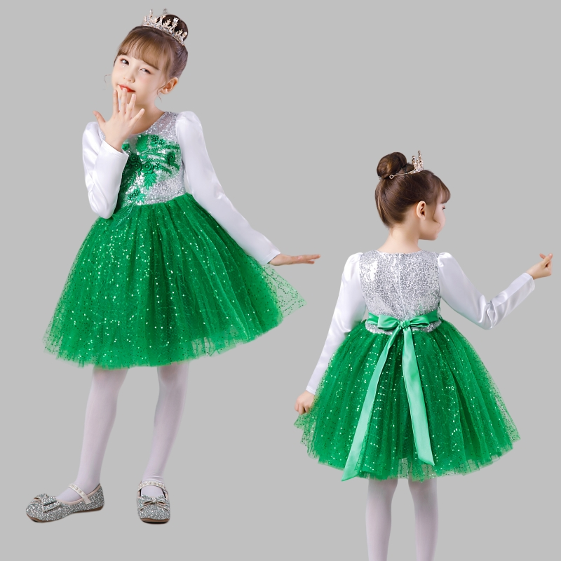 元旦儿童合唱服长袖绿色诗歌朗诵幼儿表演服装男女童蓬蓬裙演出服,淘宝优惠券,粉丝福利购,淘宝优惠卷