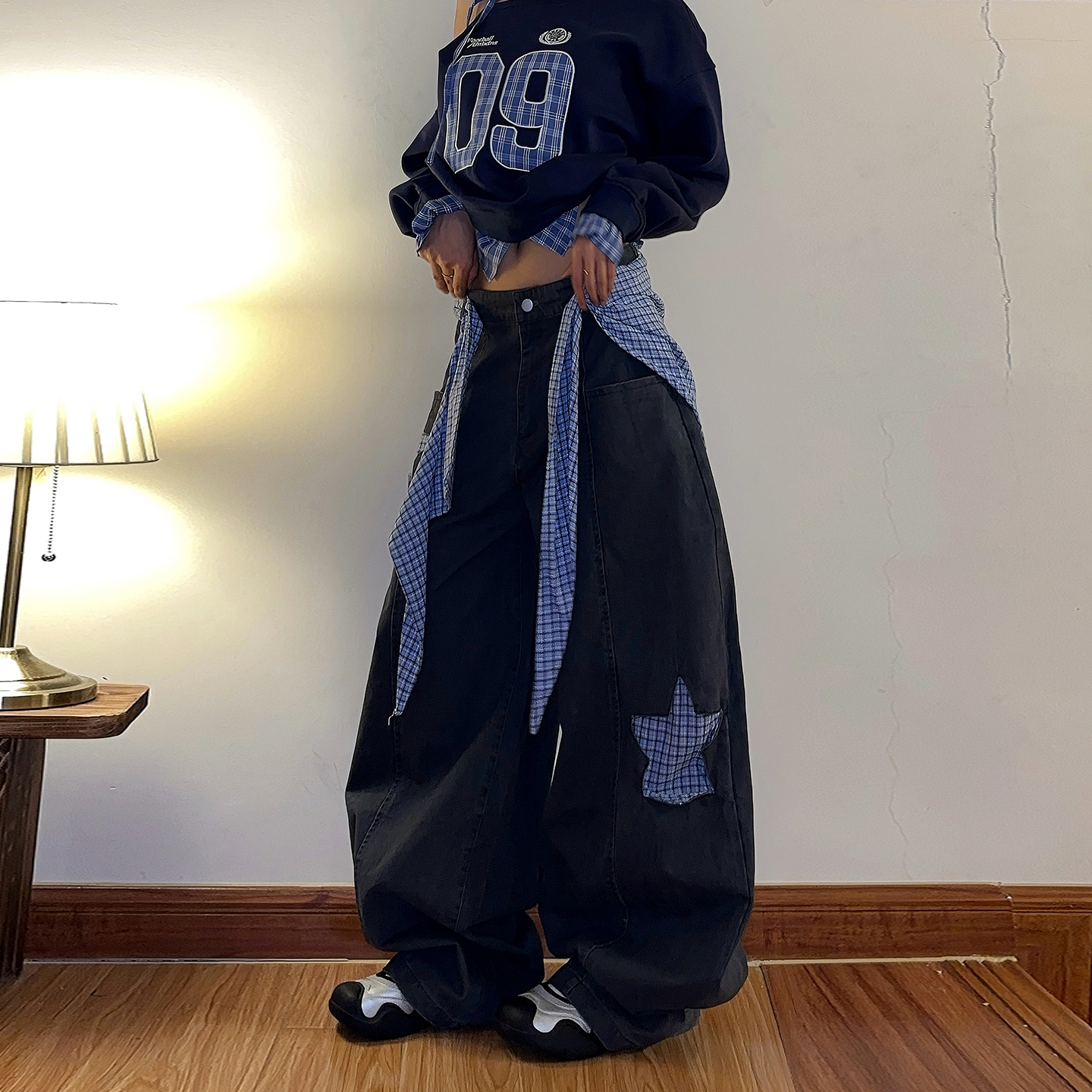 DoubleD美式复古屁帘叠穿格子星星拼接弯刀裤男女爵士舞阔腿长裤 - 图2