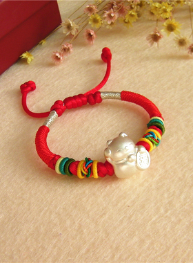 招财猫纯银民族风保平安红手绳