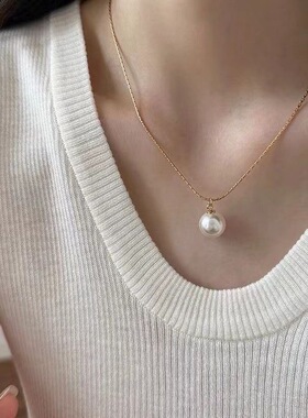 【钛钢保色】一颗大珍珠秋冬珍珠施家项链灰色毛衣链气质闺蜜项链