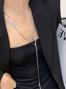 可调节刀片链扁蛇抽拉式长款项链毛衣链钛钢保色长款项链搭配秋冬