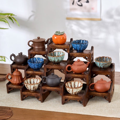 中式实木紫砂壶展示架小博古架桌面茶壶摆放架茶具置物架茶杯架子 - 图1