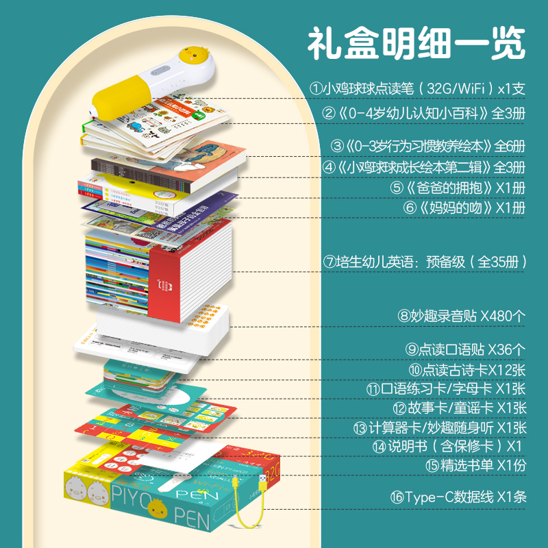 小鸡球球点读笔32G礼盒装1-5岁幼儿启智成长好礼PIYOPEN婴儿宝宝早教英语学习机0-4岁幼儿认知小百科点读绘本DolphinMedia旗舰店