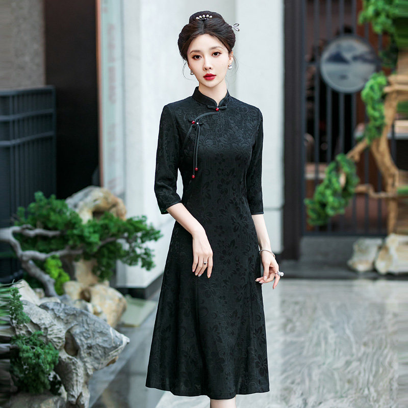 旗袍敬酒服喜婆婆婚宴装2024新款丈母娘结婚礼服妈妈长袖A摆提花