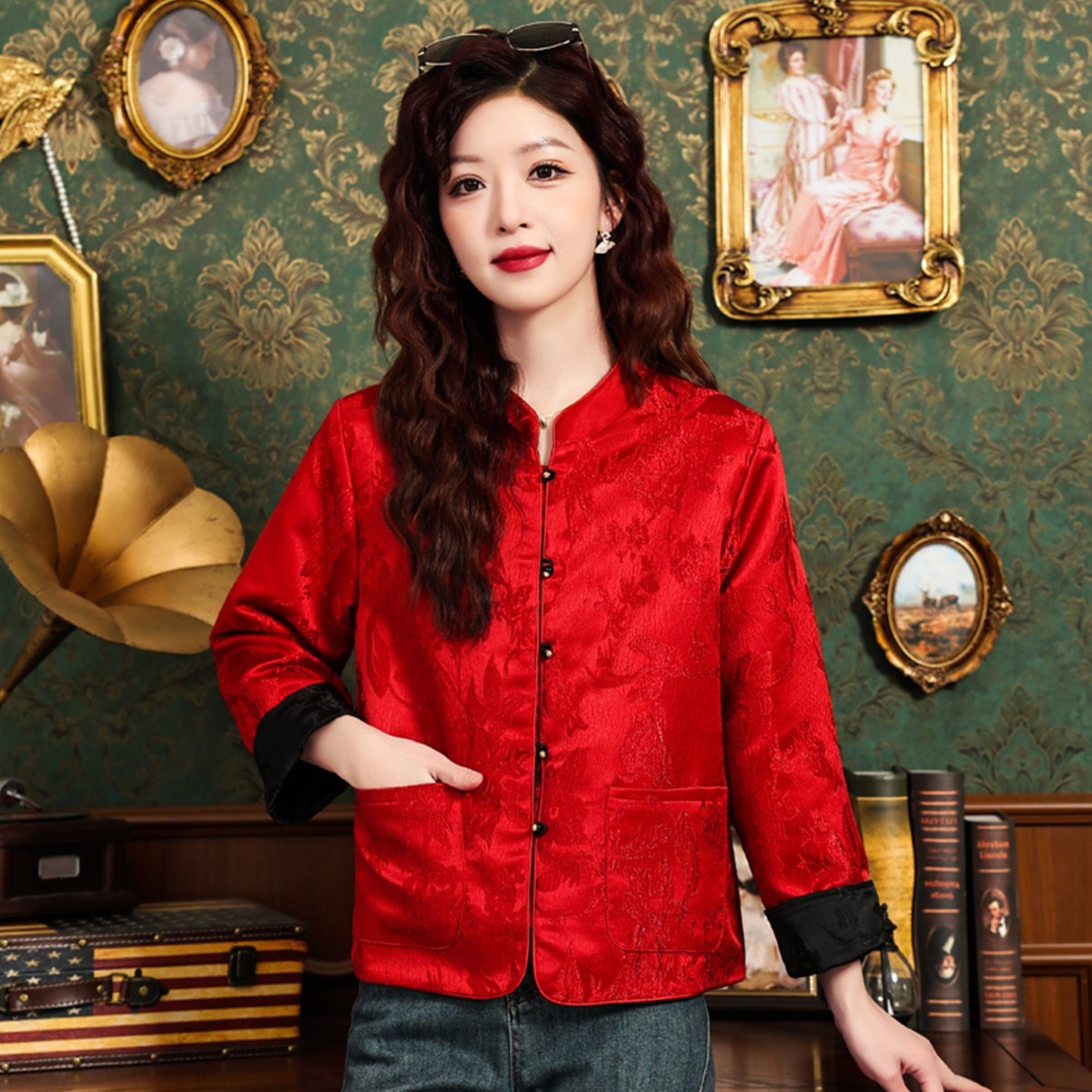 新中式双面穿改良唐装短外套女春季新款国风红色复古立领提花上衣,淘宝优惠券,粉丝福利购,淘宝优惠卷