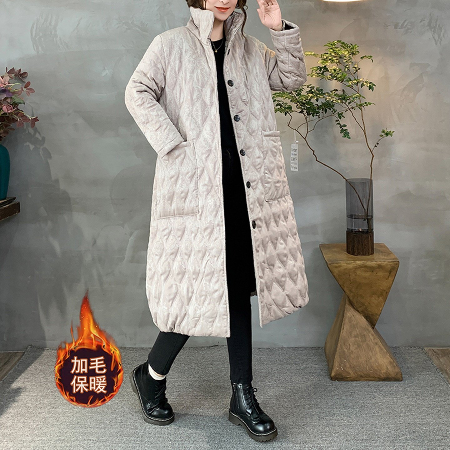 复古立领长款棉衣外套女冬季新气质高档宽松加绒加厚保暖棉服大衣,淘宝优惠券,粉丝福利购,淘宝优惠卷