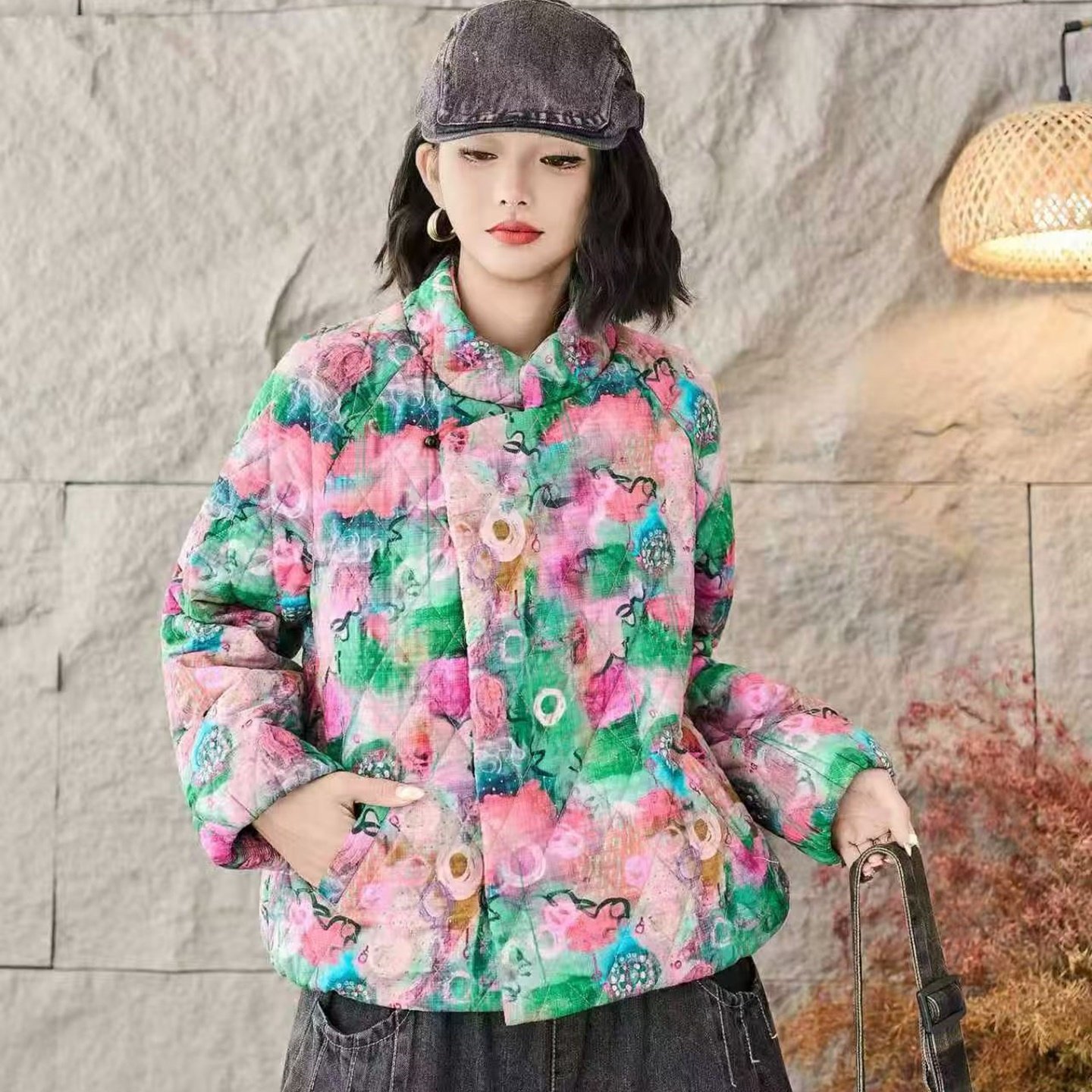 冬装新款民族风棉麻加棉加厚碎花棉衣女时尚洋气复古宽松保暖棉服