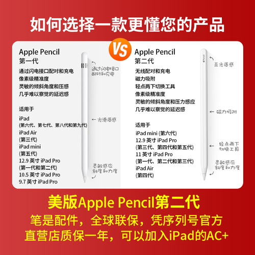 Apple苹果applepencil2代手写笔1代iPad平板压感笔二代全原装