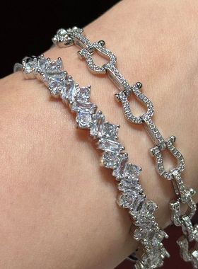 欧美奢华宴会满钻麦穗锁链钉子马蹄莲贝母蝴蝶手链开口手镯女名媛