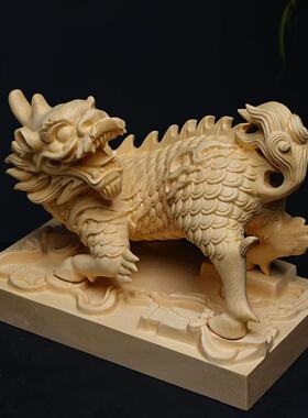 金匠大作桧木精雕神兽麒麟一对家居办公摆件新中式风水镇宅开业乔