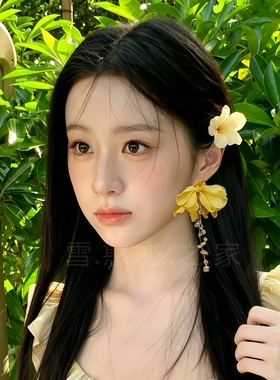 旅游度假黄色布艺花朵流苏耳环耳饰耳钉耳夹耳坠2026秋冬新款女