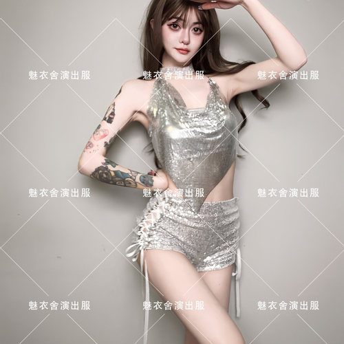 夜店女团酒吧DS演出服新款DJ领舞台chic性感辣妹银色亮片时尚套装 - 图0
