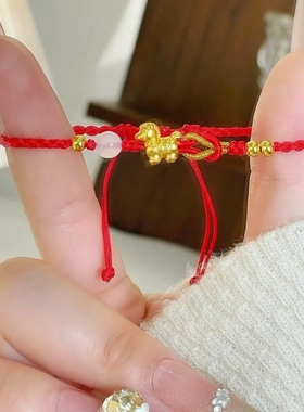 S999足银黄金色纯银小马生肖马隔珠转运珠手绳红绳手链配件配饰女