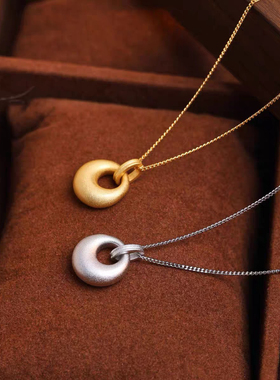 s990纯银拉丝金坨坨平安扣项链女中国风胖福银坨锁骨链送女友礼物