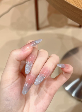 新款鸳鸯粉蓝多巴胺中长款醋酸腮红晕染猫眼美甲手工穿戴甲高级感