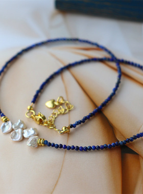 设计款简约天然青金石孔雀石淡水花瓣珍珠项链极细叠戴锁骨链项链