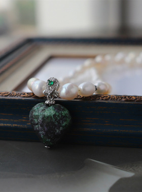 中古风手作巴洛克淡水珍珠爱心天然石吊坠短款项链珍珠锁骨链