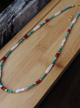 中古风高瓷绿松天然淡水无核巴洛克珍珠项链高级感小众气质锁骨