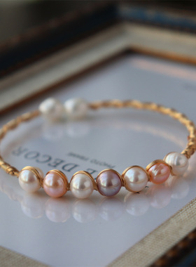 新款金银色手工绕线高亮天然淡水珍珠手镯复古竹节高版本手链