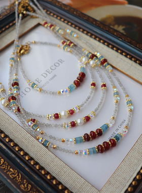 设计款新中式复古多宝切面月光石淡水珍珠海蓝宝红玛瑙手链项链