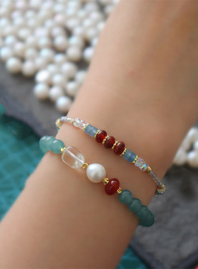 新款蓝水翡翠手串玉石串珠新中式国风南红转运珠水晶手链女生叠