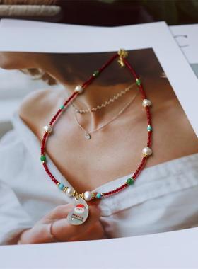 设计新款简约新年圣诞树圣诞老人系列本命红尖晶淡水珍珠多宝项链