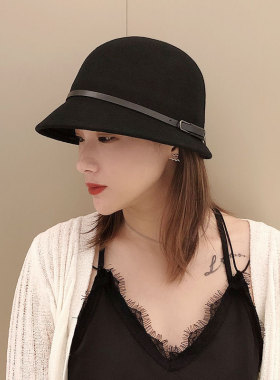 拍照毛呢盆帽女皮带英伦短檐秋冬