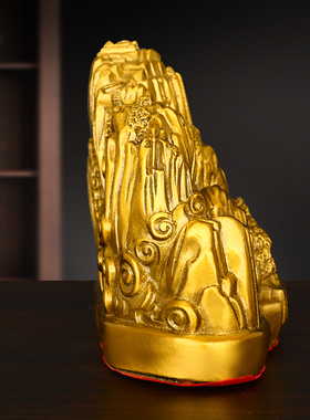 黄铜石敢当摆件五岳独尊泰山靠山石家居装饰铜松树青山绿水金山石