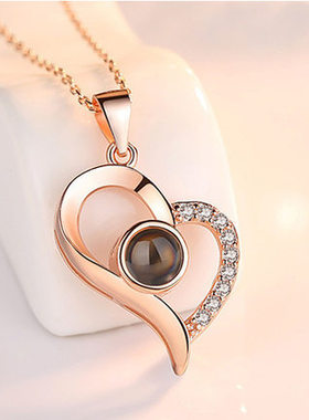 100种语言我爱你520四叶草玫瑰金色项链爱的投影记忆项链女锁骨链