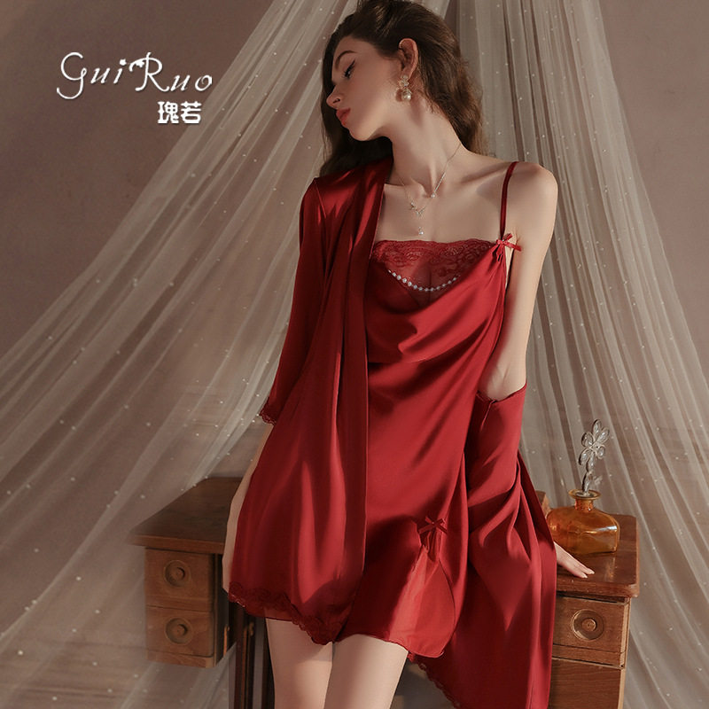 瑰若甜美珍珠点缀蕾丝荡领轻奢缎面吊带睡裙外袍品牌内衣套装,淘宝优惠券,粉丝福利购,淘宝优惠卷
